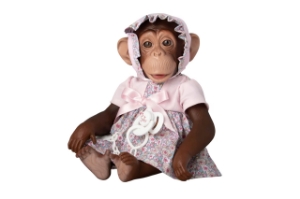 Maimutica Reborn cu Scutec, Rochita Cu Boneta Roz Si Suzeta